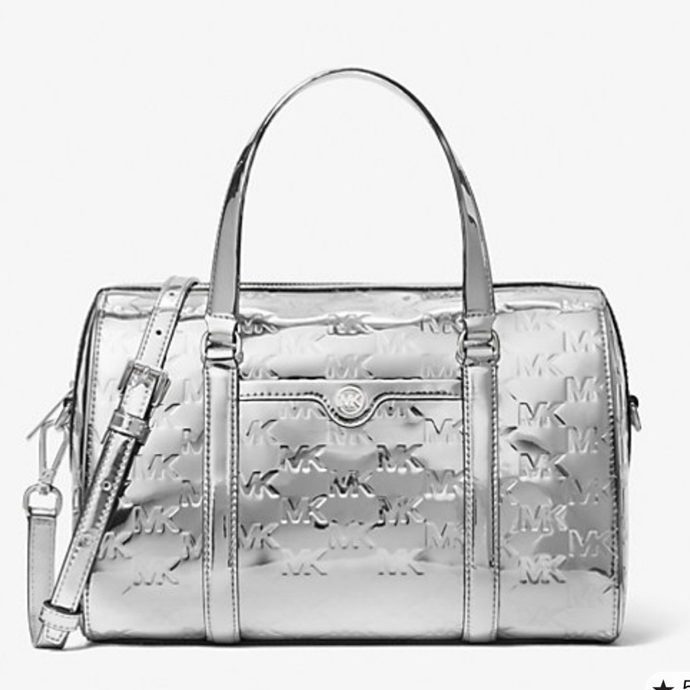 MICHAEL KORS Jet Set Medium Patent Logo Debossed Duffel Crossbody Bag
Silver
NWT